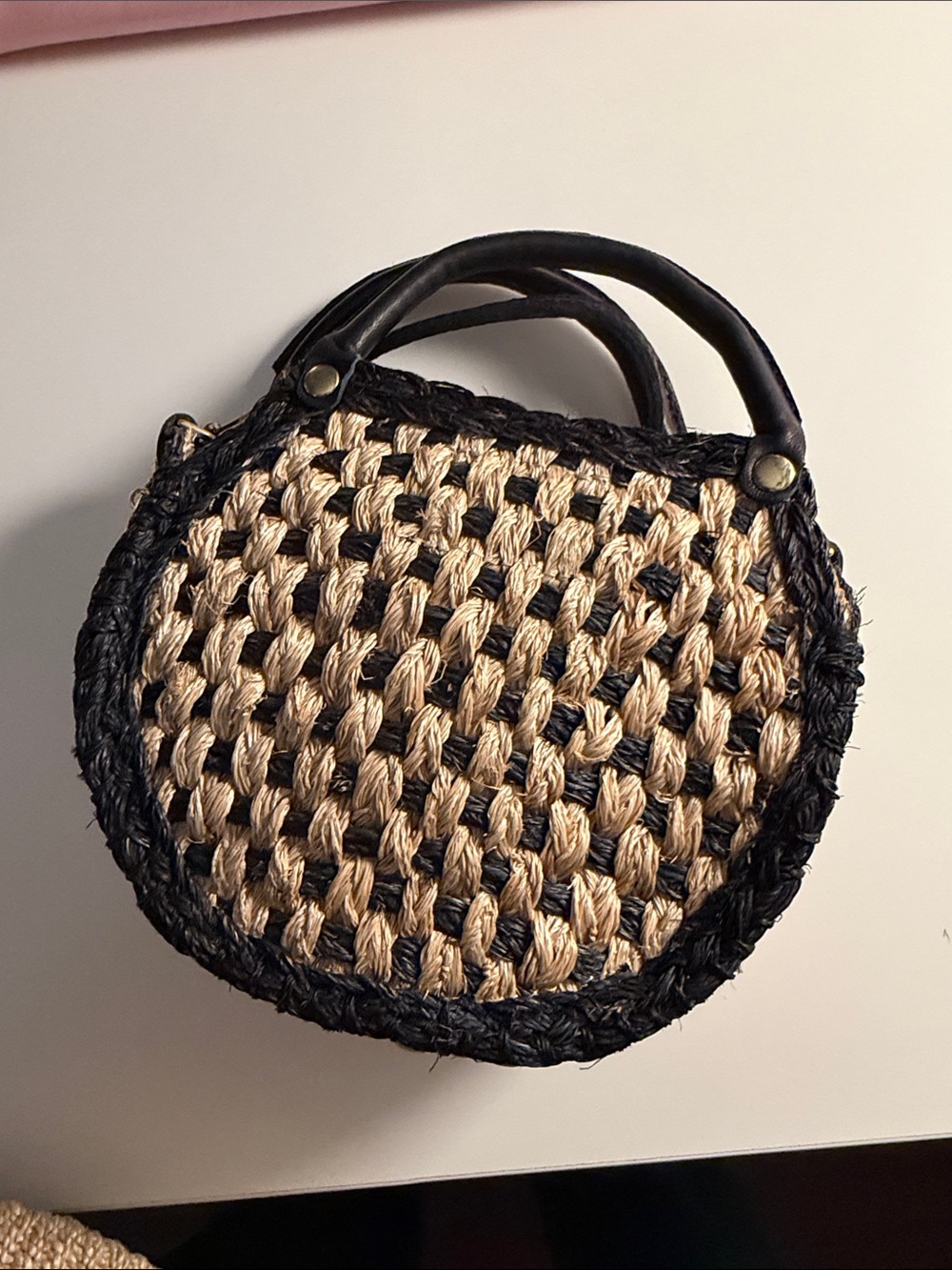 Round Woven Mini Bag in Black and Natural